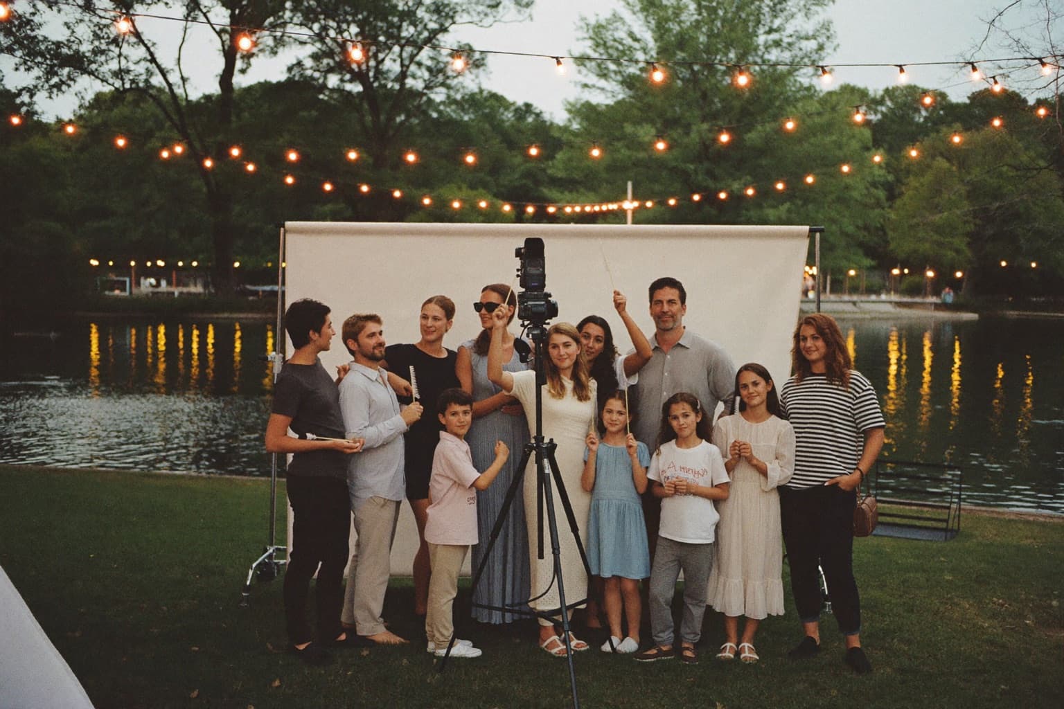 A family posing with props at a white photo booth backdrop under string lights at a lakeside evening celebration.
