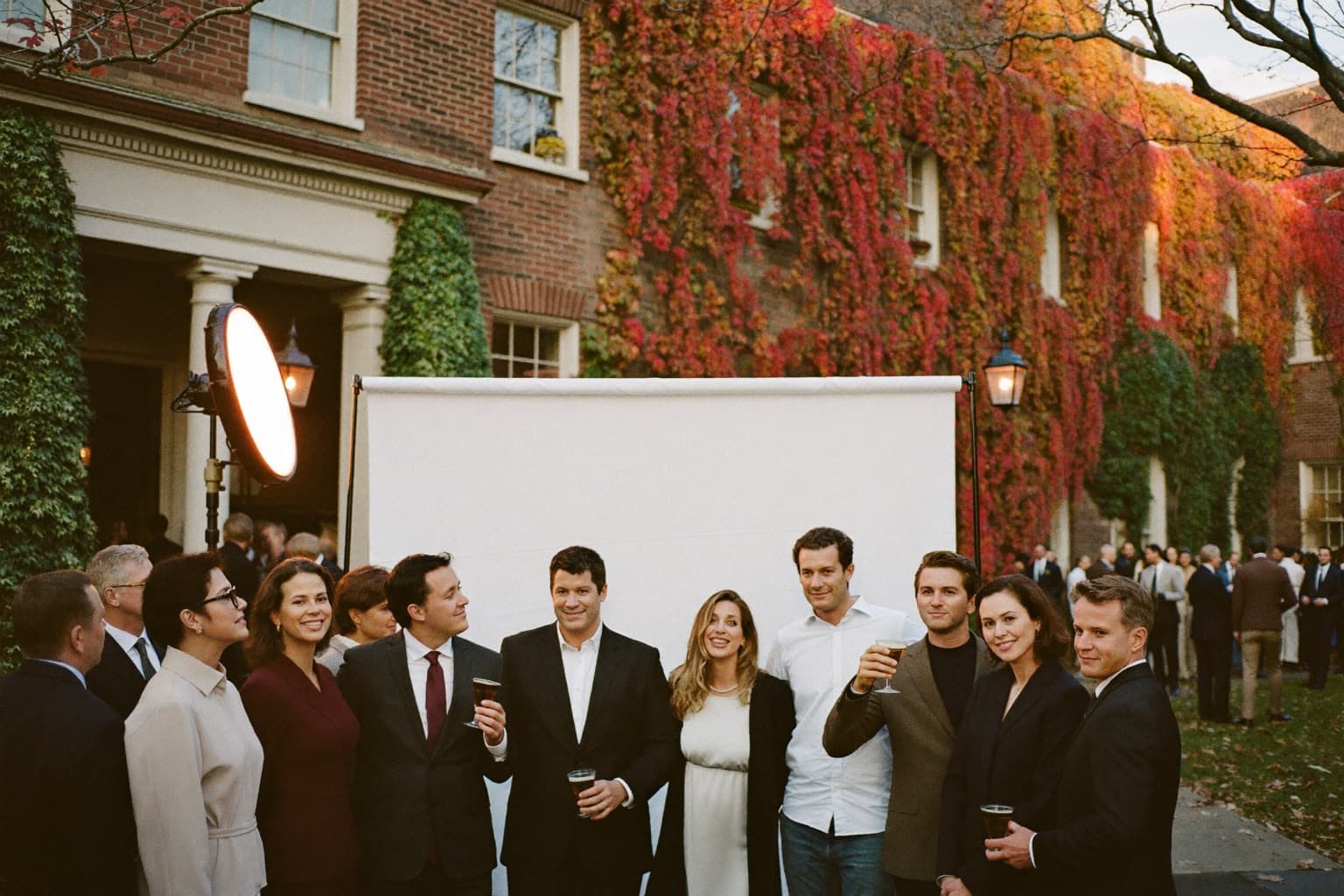 Guests toasting at a white photo booth backdrop with a ring light beside an ivy-covered inn in autumn.